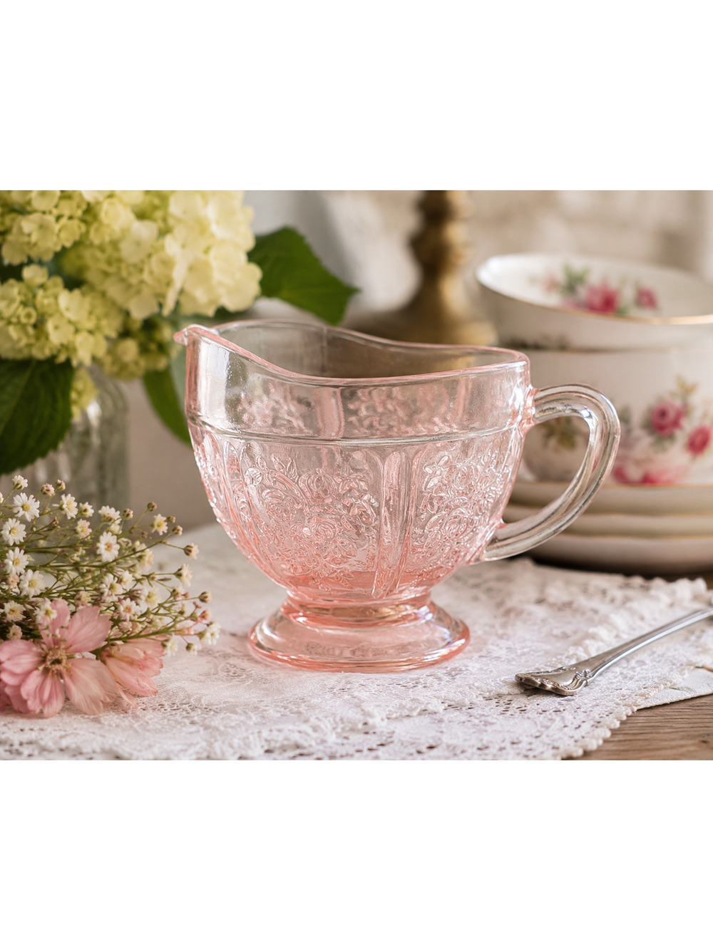 Vintage Federal Sharon Cabbage Rose Pink Depression Glass Creamer Footed